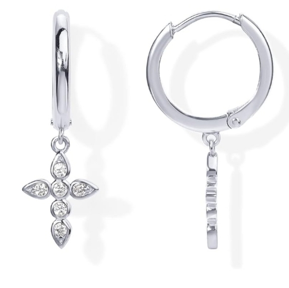 14K Gold Plated Lightweight Drop Dangle Huggie Hoop Cross Earrings White Gold - Picture 6 of 6